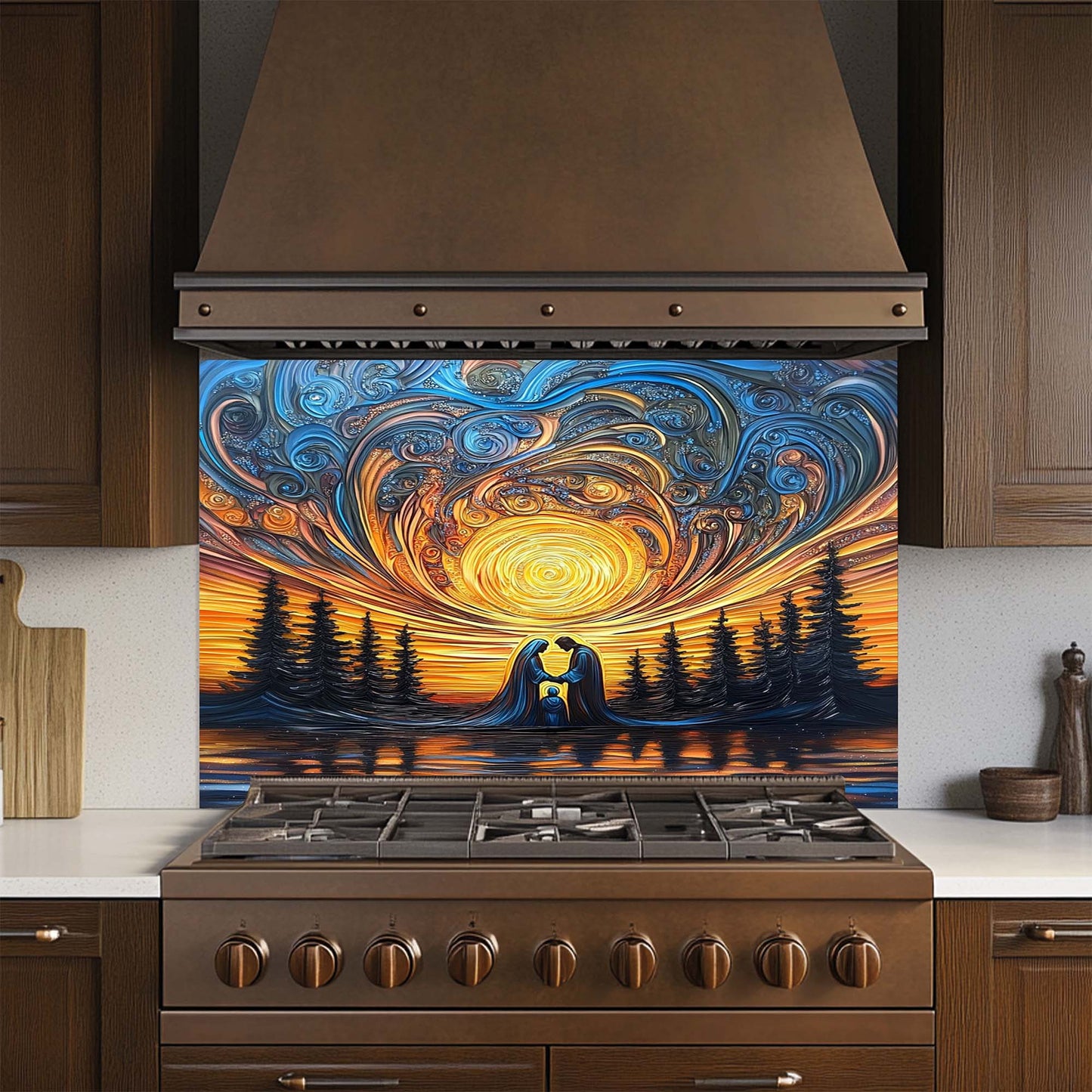 Sacred Light – Tempered Glass Backsplash for Kitchen Stove | Holy Family Sunset Backsplash
