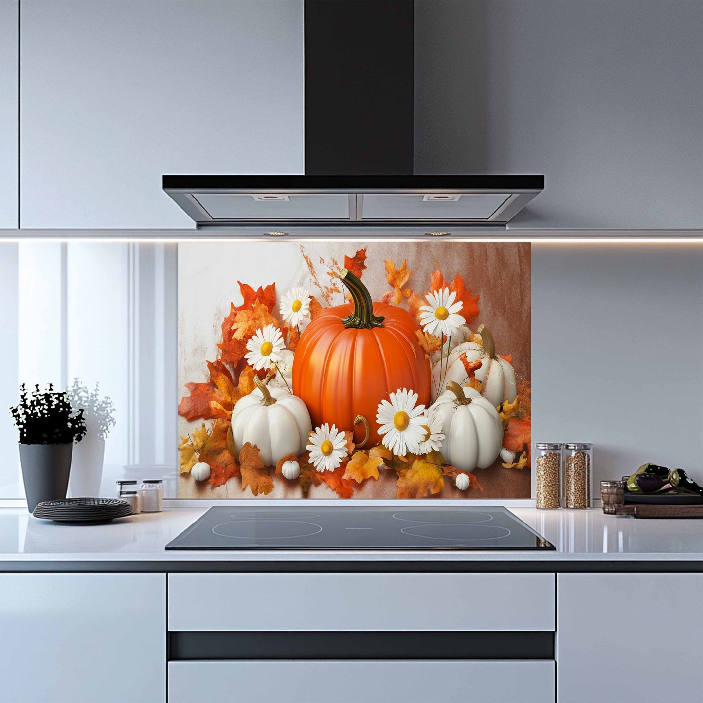 Pumpkin Bloom Tempered Glass Backsplash – Autumn Floral Kitchen Wall Art