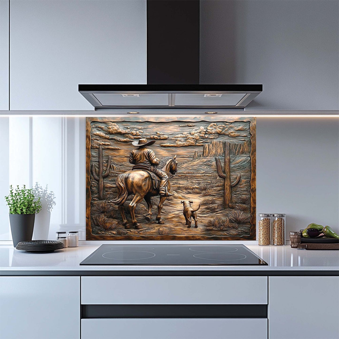 Desert Trail – Tempered Glass Backsplash with Cowboy and Dog | Western Backsplash (Copy)
