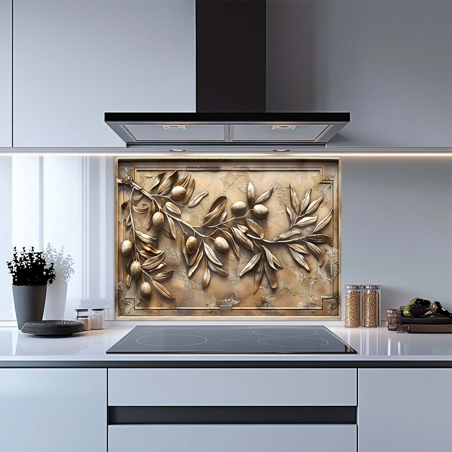 Olive Grace – Tempered Glass Backsplash for Kitchen | Textured Olive Branch Backsplash