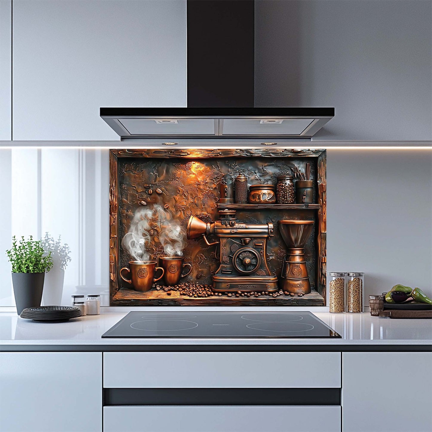Copper Brew – Tempered Glass Backsplash for Kitchen | Coffee Machine Stove Backsplash