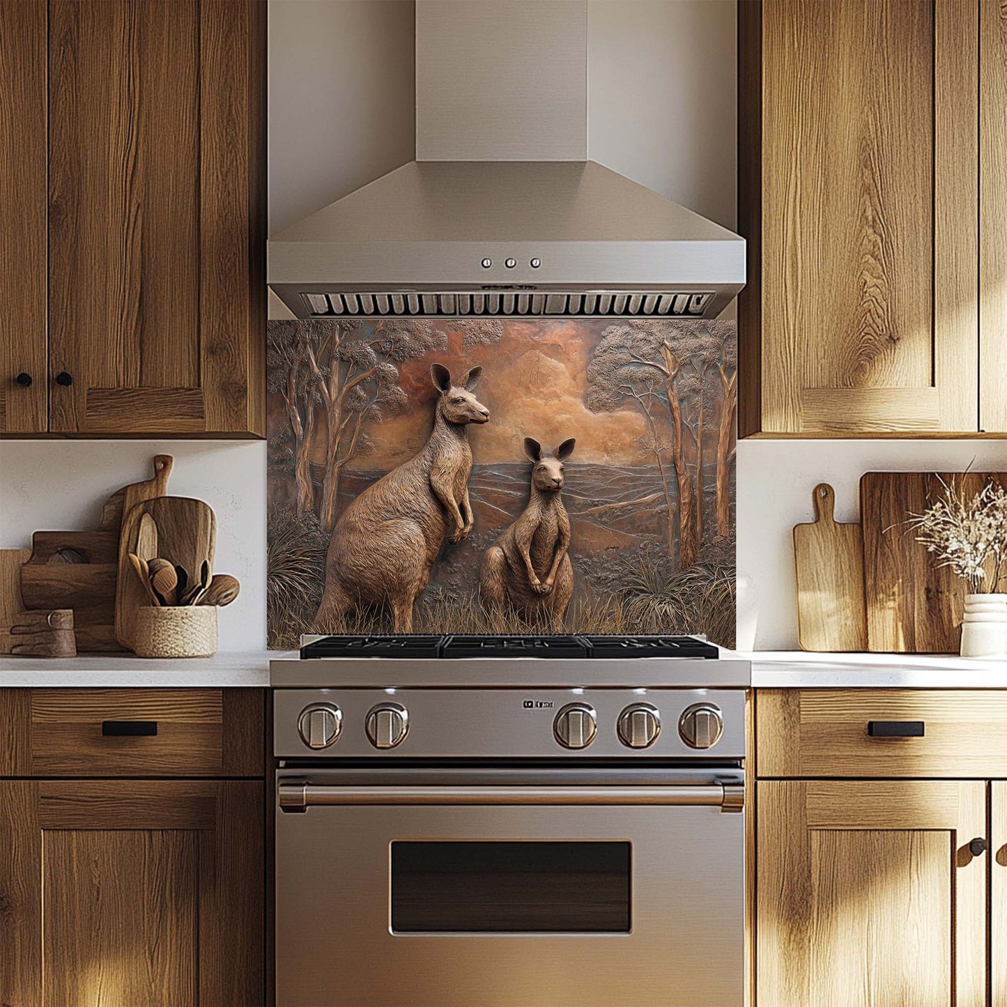 Copper Kangaroos – Tempered Glass Backsplash for Kitchen Stove | Wildlife Backsplash