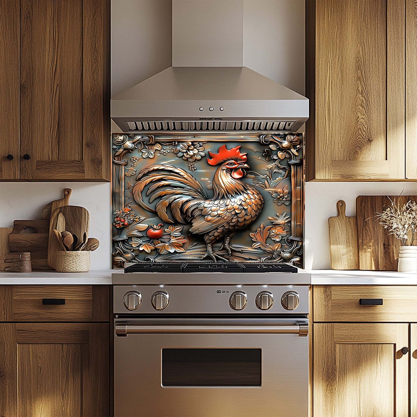 Copper Rooster – Tempered Glass Backsplash for Kitchen Stove | Copper Look Backsplash