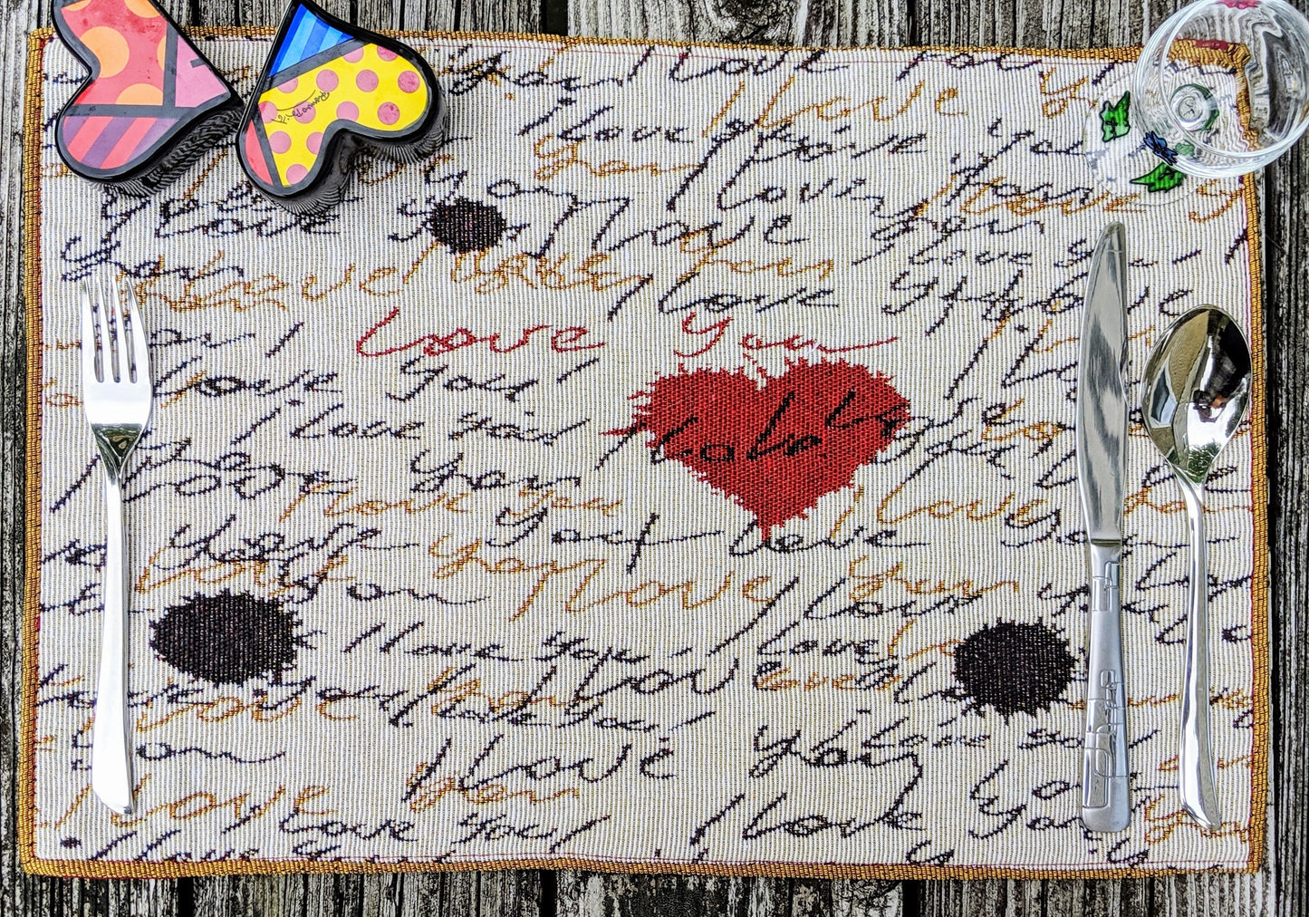 Tache Romantic Valentine’s Love Letter Beige Woven Tapestry Placemat Set (18111)