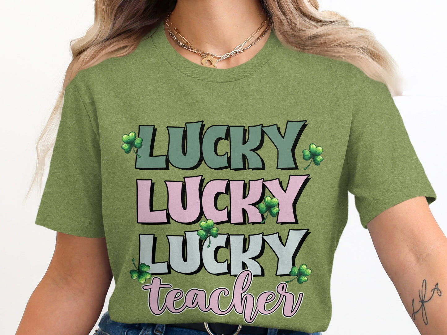 Lucky Lucky Lucky Teacher with Clovers St Patricks Day T-Shirt