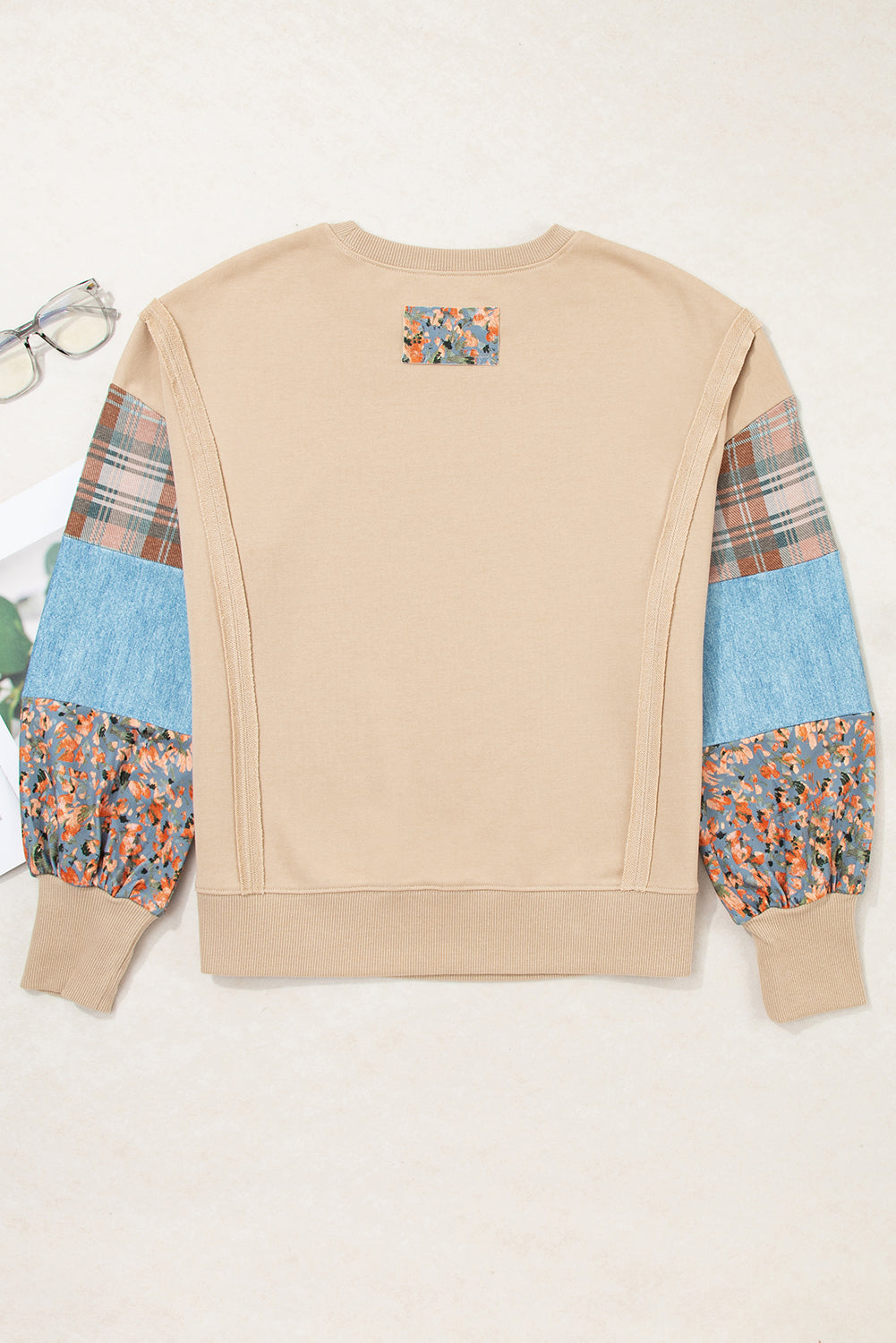 Smoke Gray Plaid Patchwork Sleeve Raw Seam Sweatshirt