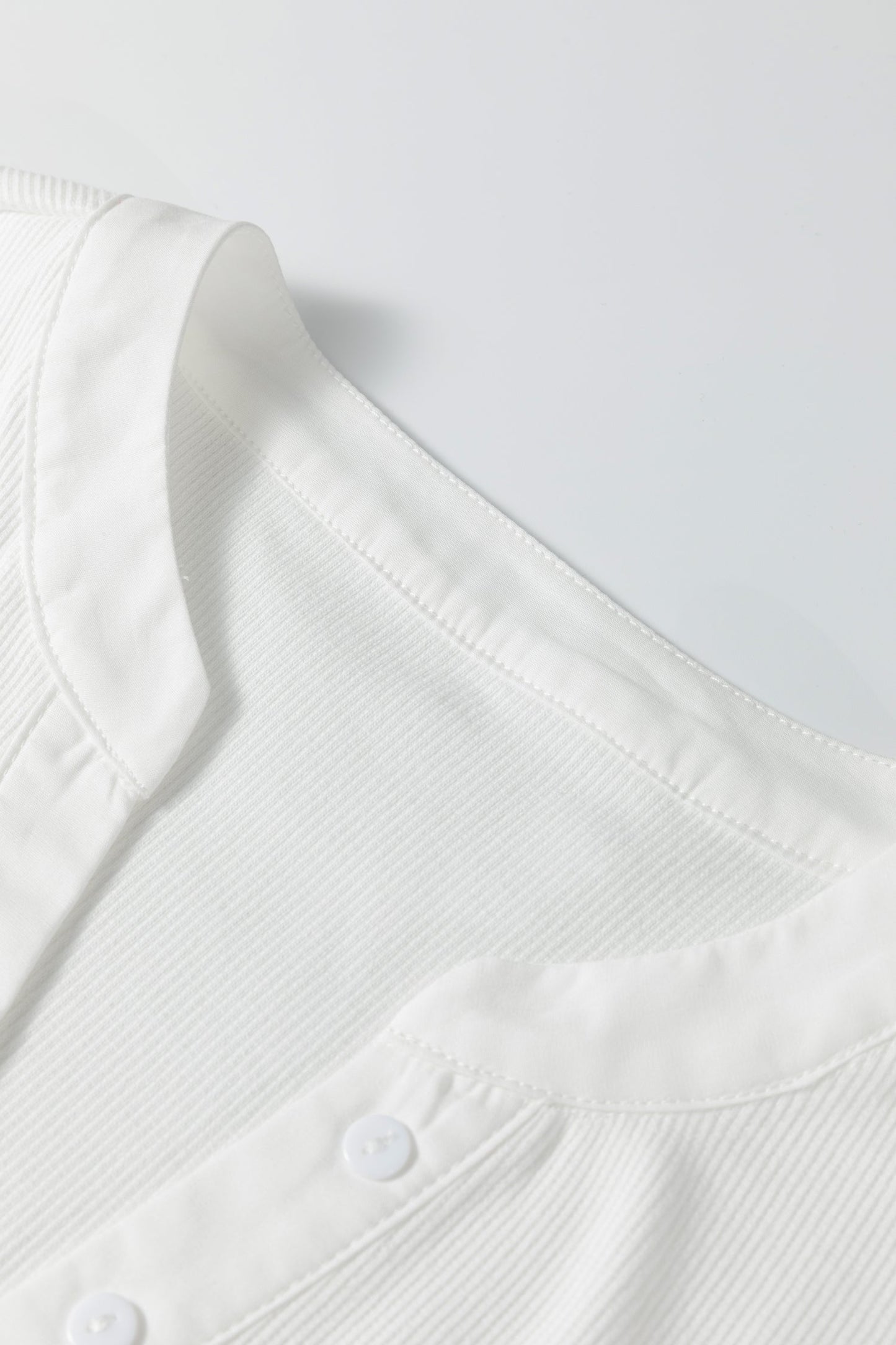 White Button Placket 3/4 Striped Sleeve Patchwork Rib Knit Top
