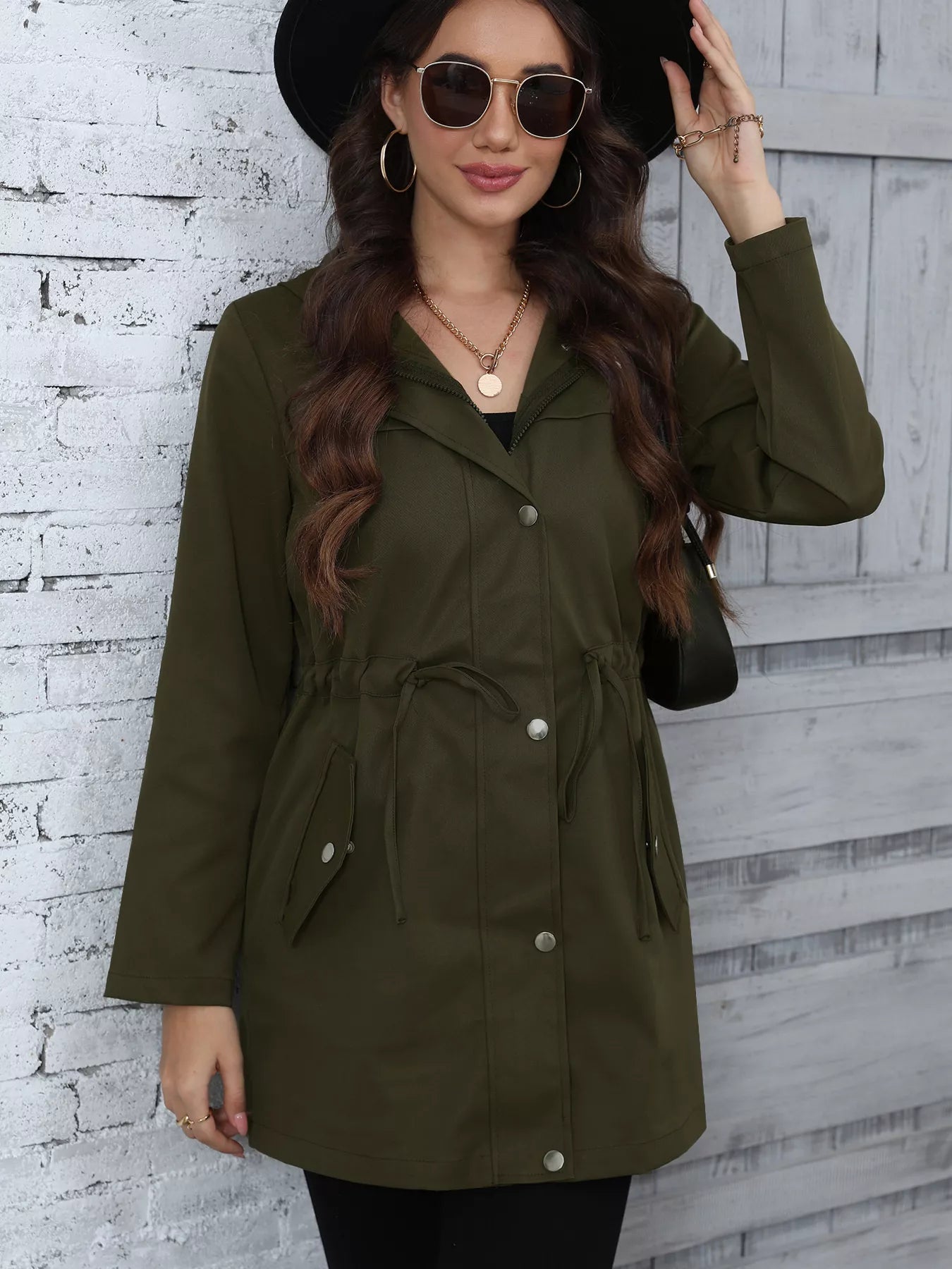 Hooded Drawstring Waist Casual Outerwear