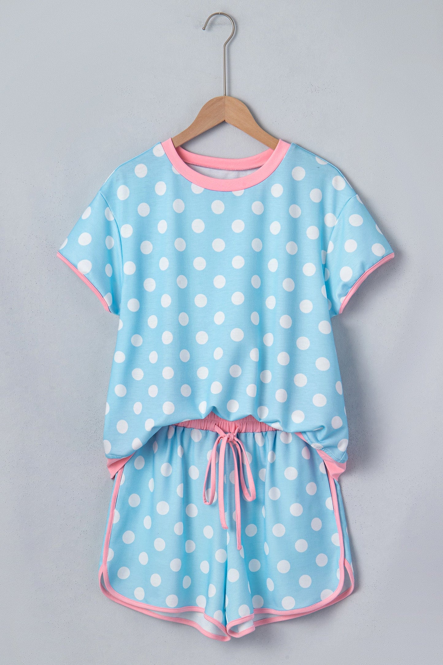 Sky Blue Polka Dot Contrast Edge Casual Short Set