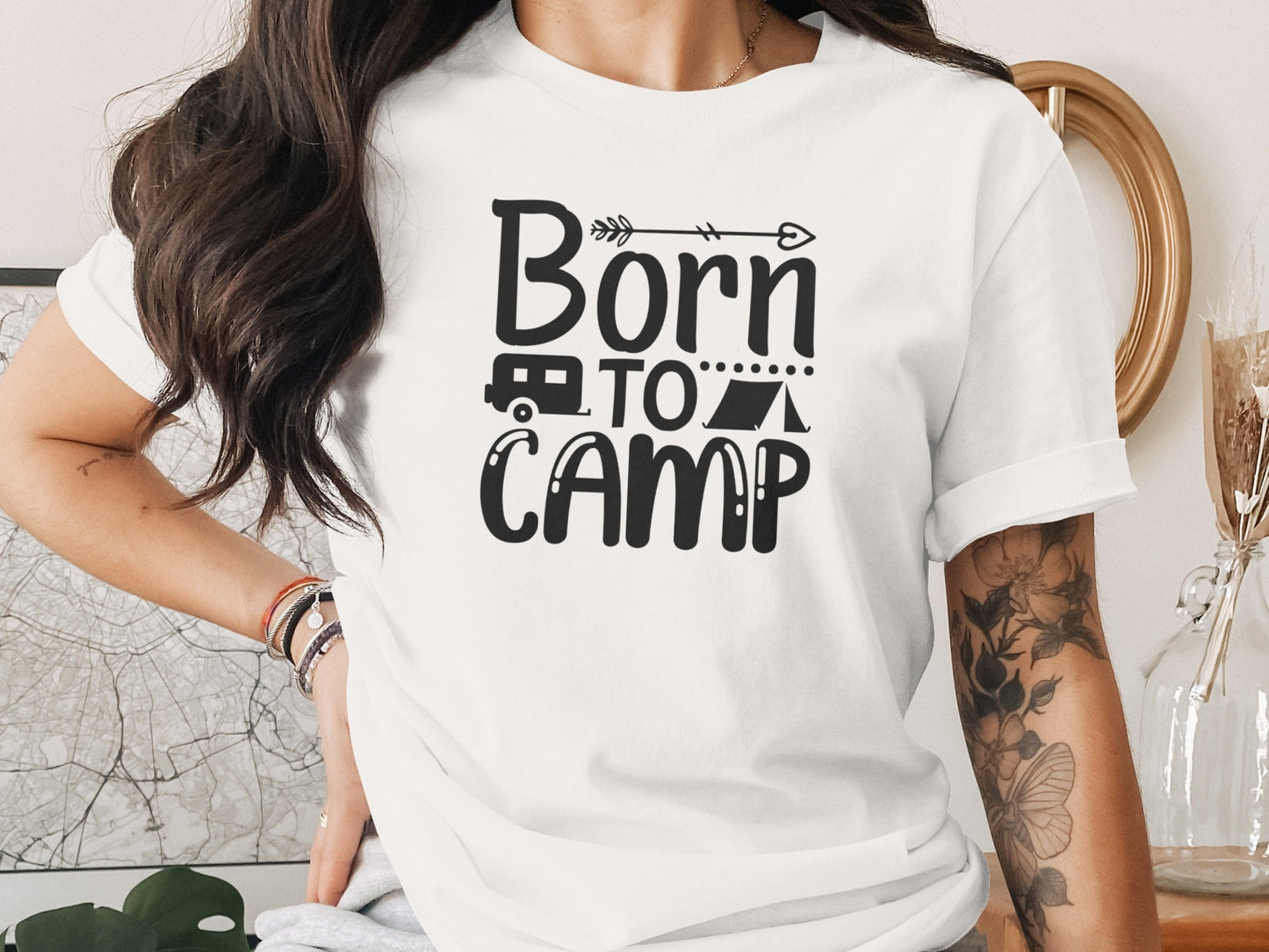 Born To Camp With Tent And Camper Fun Outdoors T-Shirt