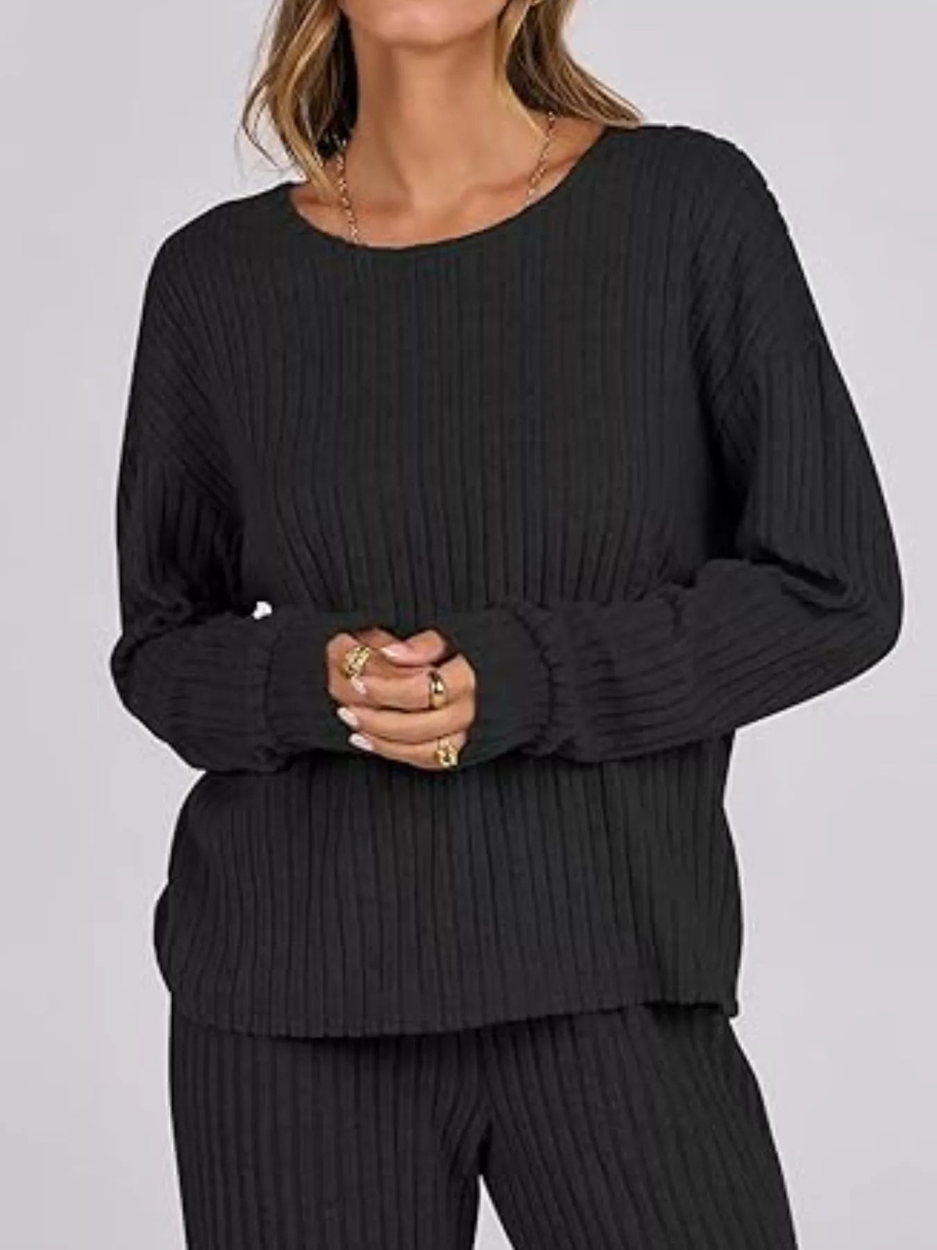Relaxed Fit Ribbed Knit Top and Pants Set