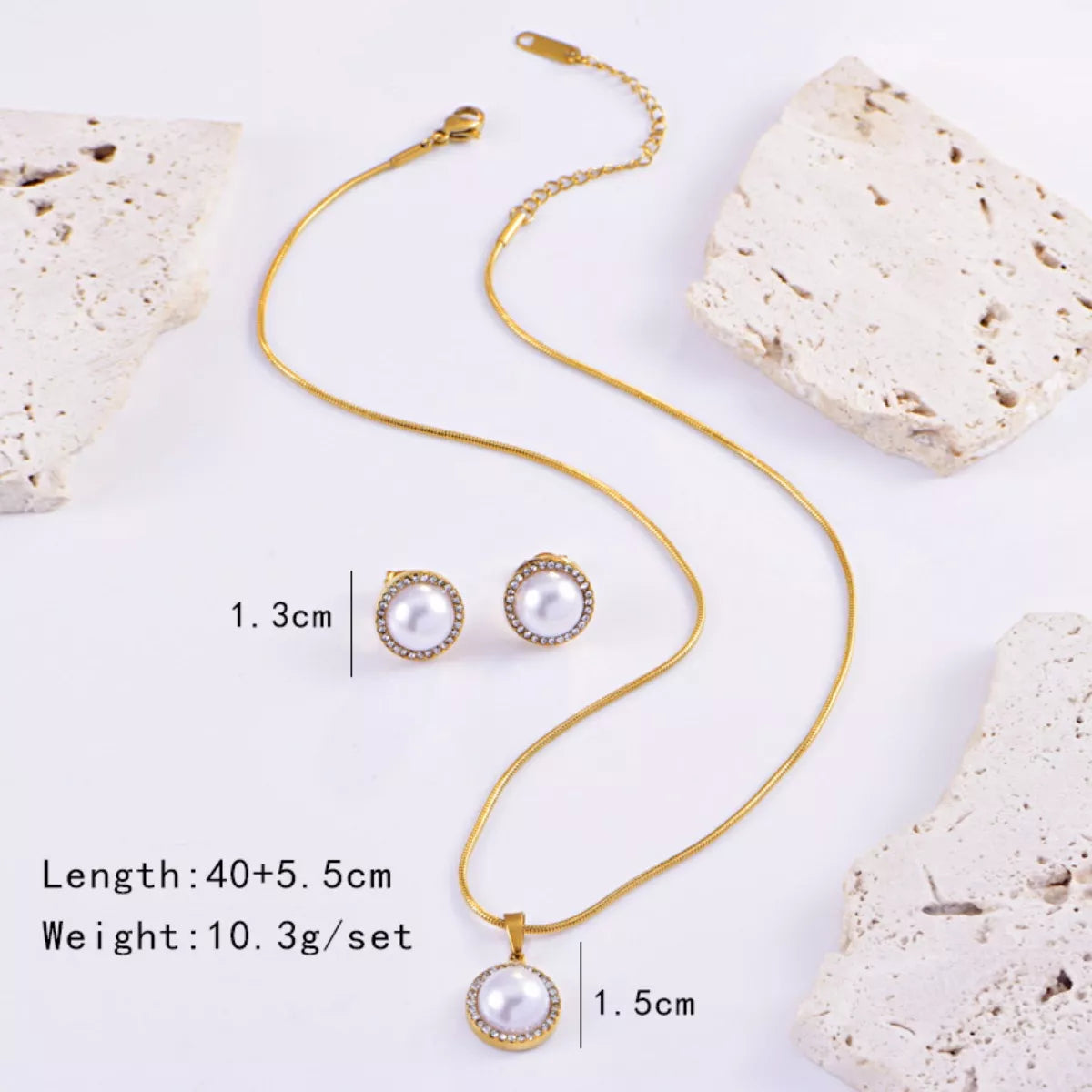 Synthetic Pearl 18K Gold-Plated Rhinestone Necklace and Earrings Jewelry Set