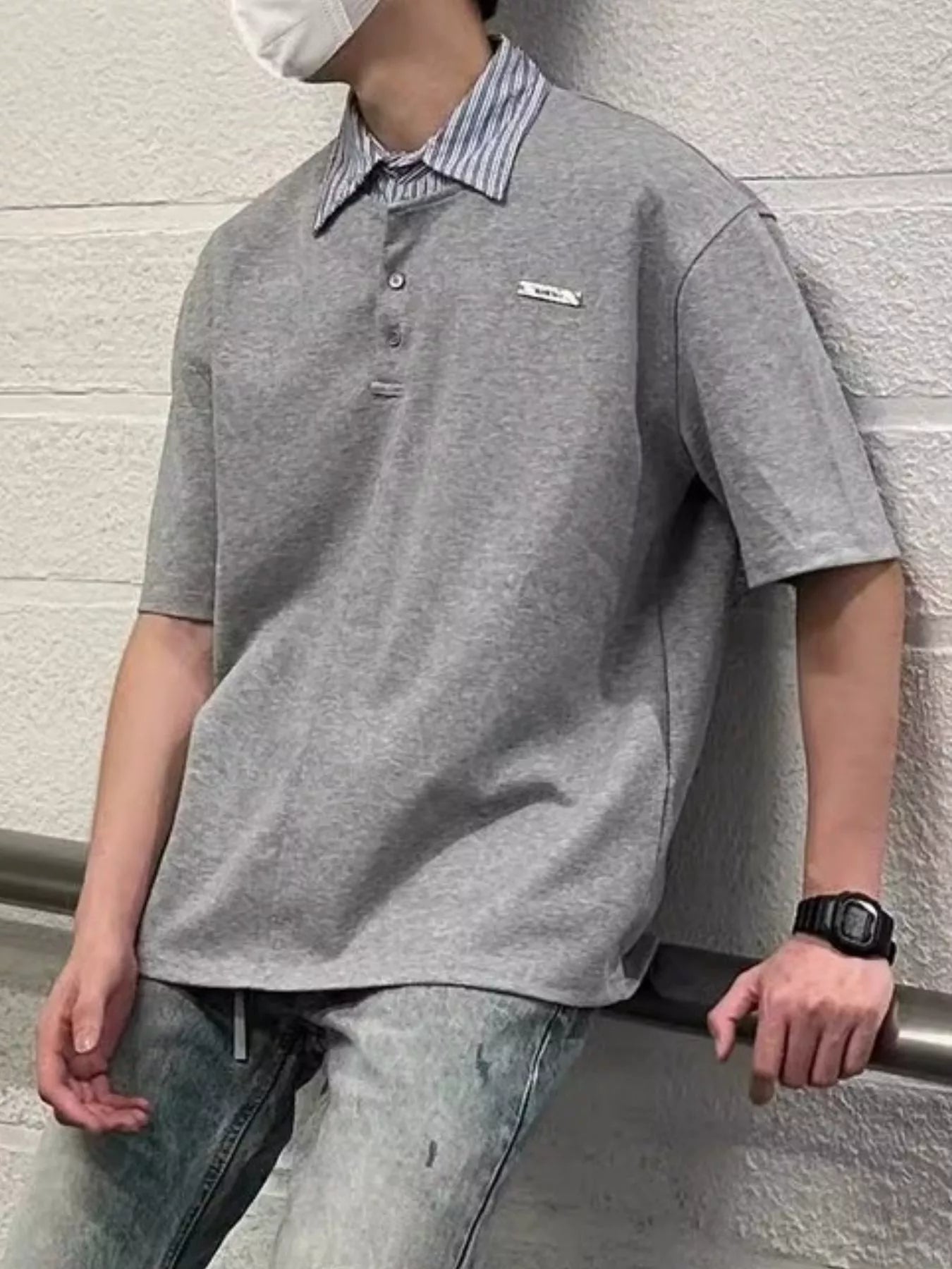 Men's Layered Striped Collar Short Sleeve Polo