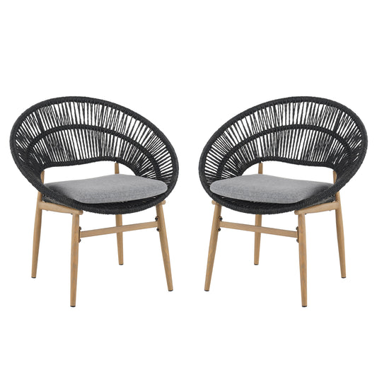 Cyril Outdoor Wicker Papasan Style Dining Chair with Teak Finished Leg and Dark Gray Faux Rattan - Set of 2