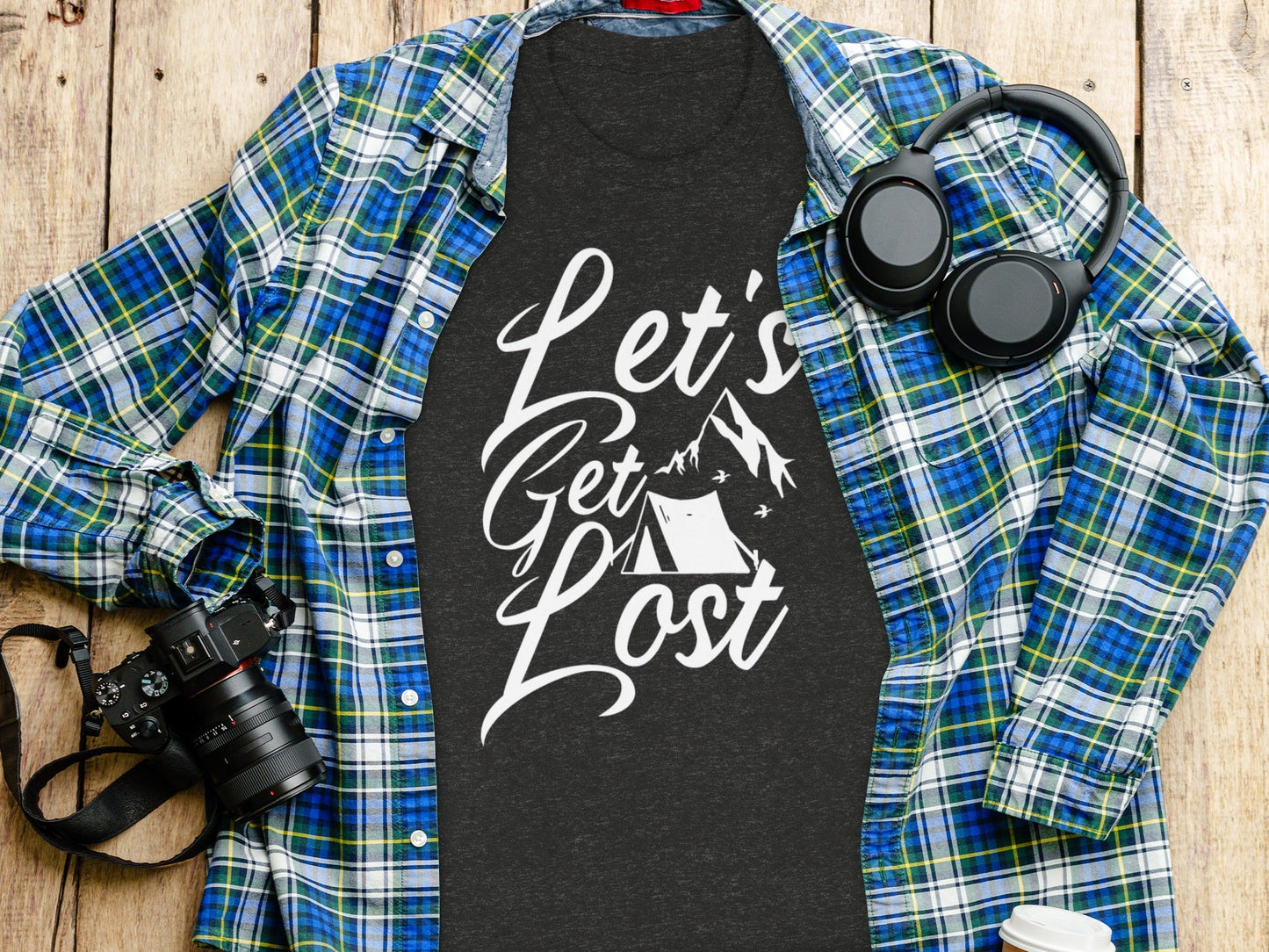 Lets Get Lost Tent and Mountain Graphic Design T-Shirt