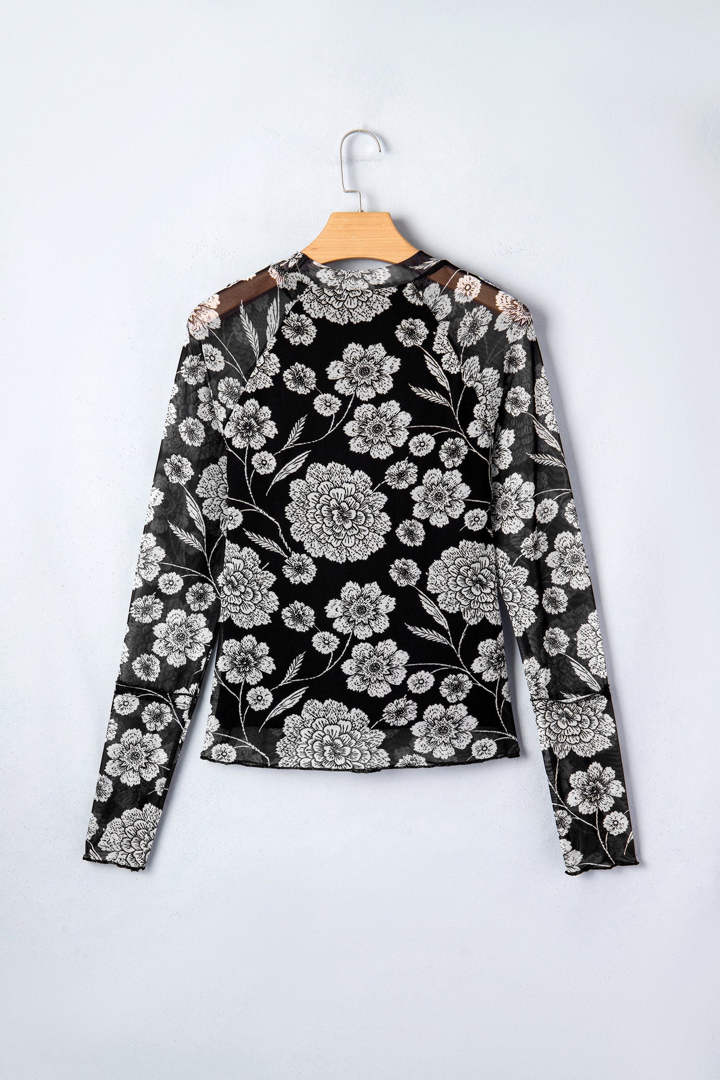 Brown Thumbhole Long Sleeve Floral Print Mesh Top