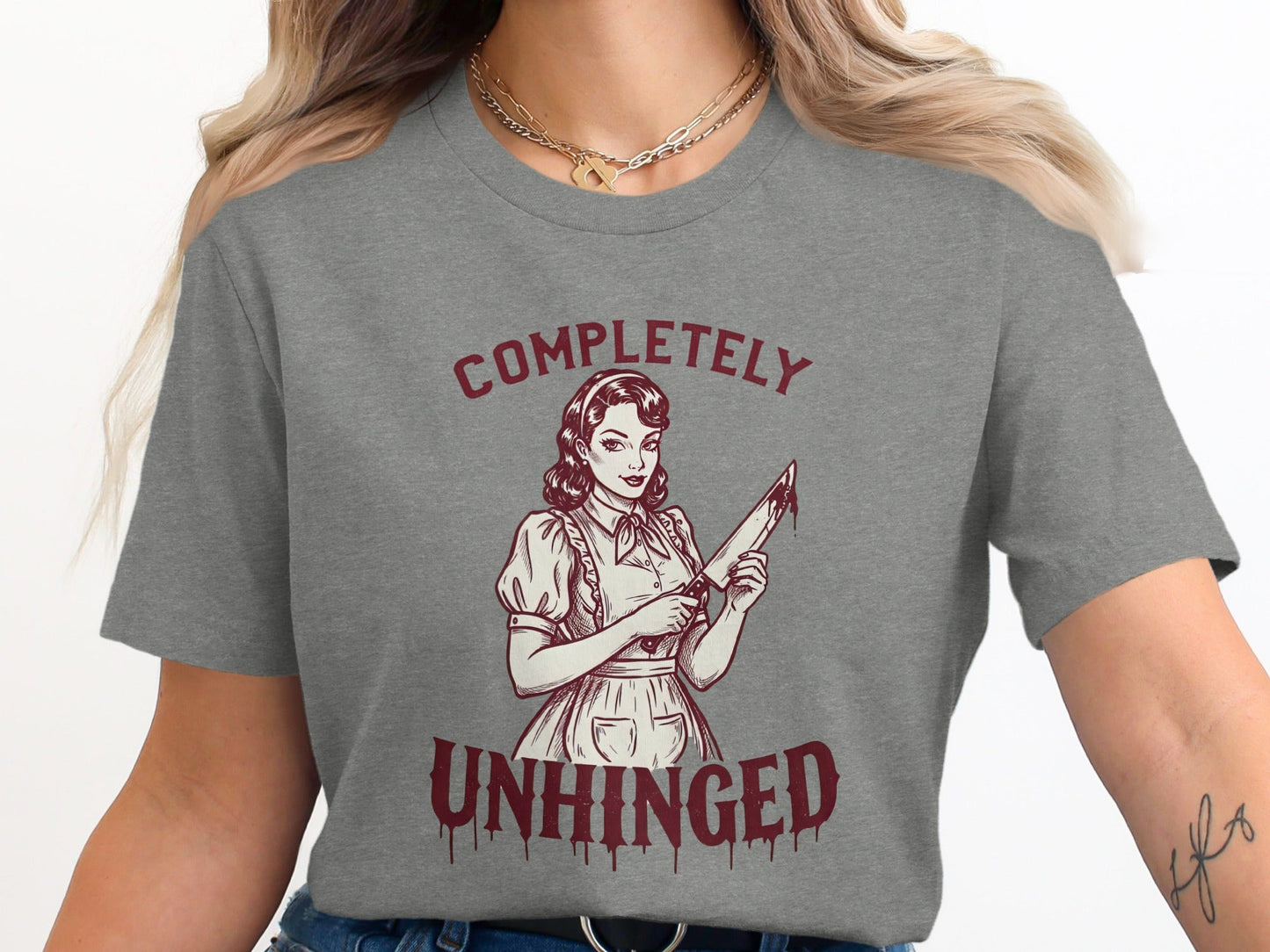 Completely Unhinged Crazy Lady with Knife Funny T-Shirt