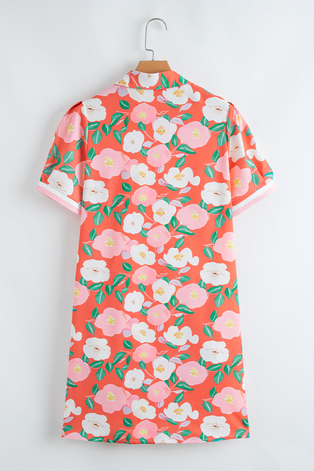 Fresh Salmon Floral Print Puff Sleeve Pop of Color Neckline Dress