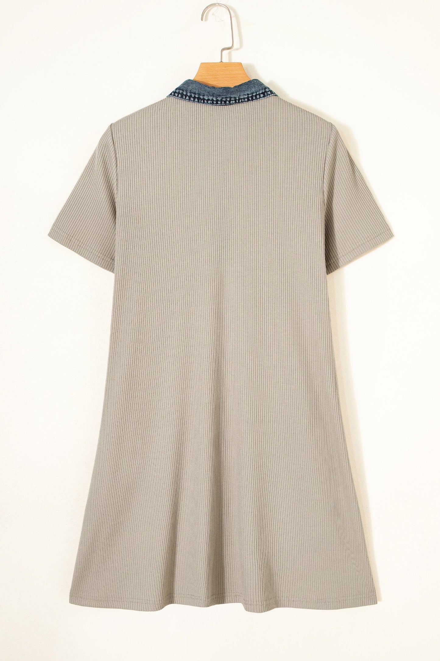 Beige Short Sleeve Ribbed Knit Denim Patchwork Polo Collar Dress