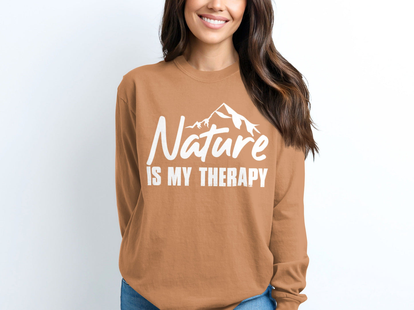 Nature Is My Therapy Mountain Graphic Text Long Sleeve T-Shirt