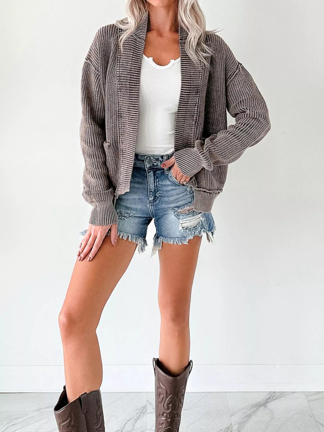 Mineral Wash Exposed Seam Patchwork Knit Open Sweater Cardigan