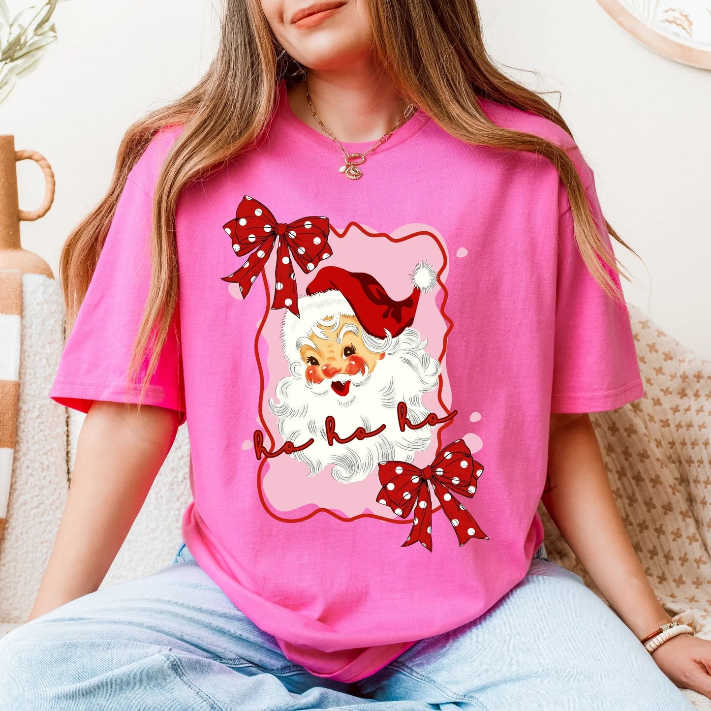 Retro Santa T-Shirt | Pink & Red Girlie Christmas Tee with Cute Santa and Bows | Ho Ho Ho Holiday Shirt