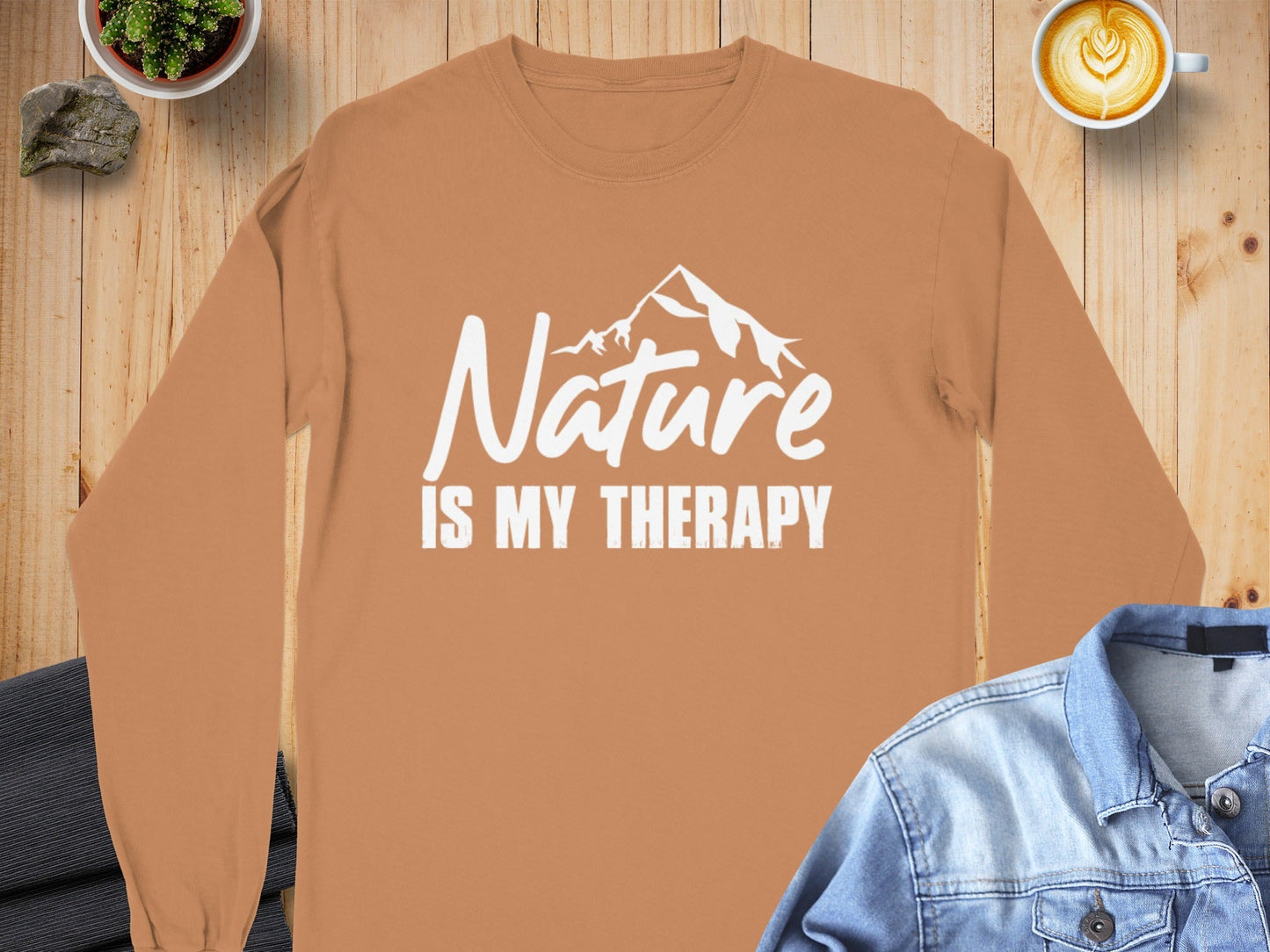 Nature Is My Therapy Mountain Graphic Text Long Sleeve T-Shirt
