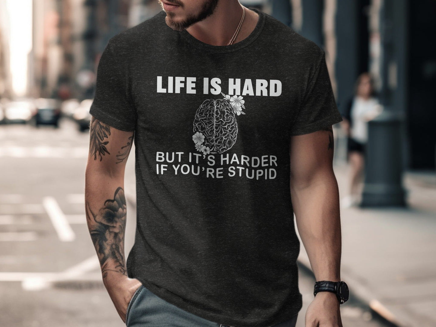 Life is Hard Brain With Flowers Graphic Novelty T-Shirt