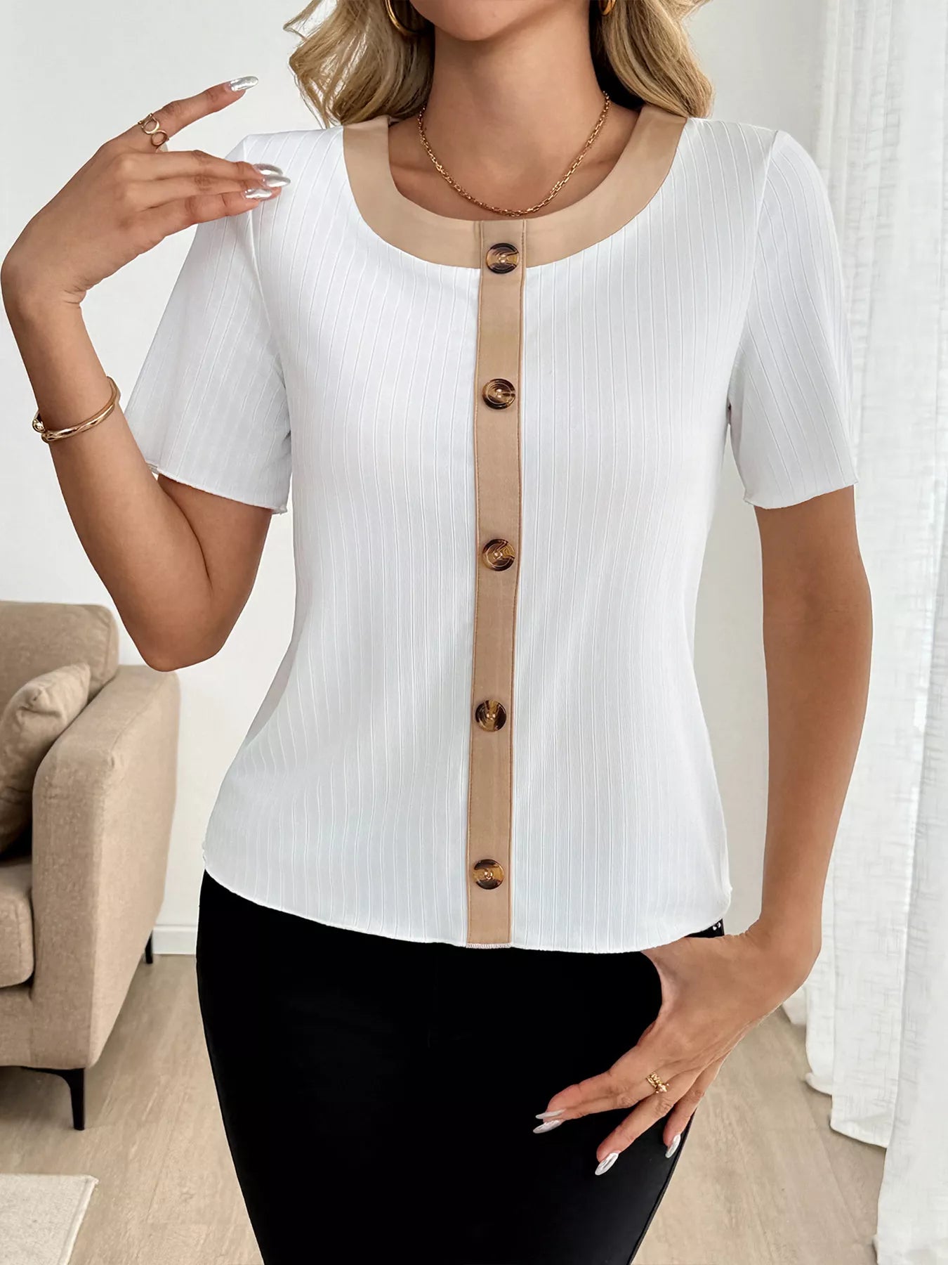 Decor Button Round Neck Short Sleeve Blouse