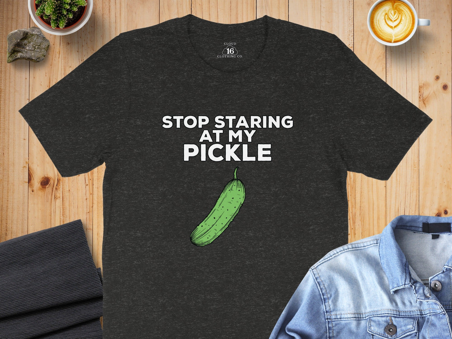 Stop Staring At My Pickle Funny Food Graphic T-Shirt