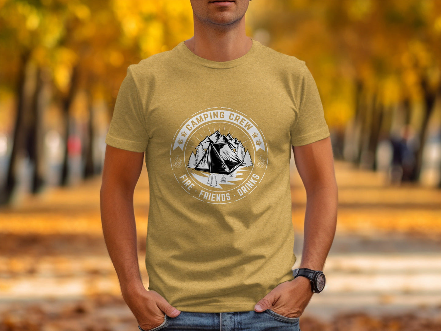 Camping Crew Friends Drinks Fire Tent Mountain Scene T-Shirt