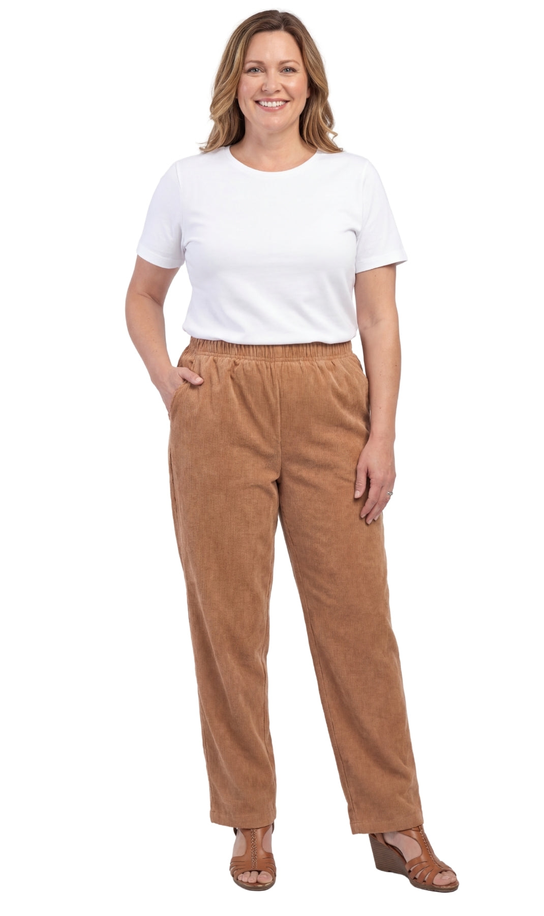 Womens Pull On Fine Wale Corduroy Pants with soft-covered elastic waist