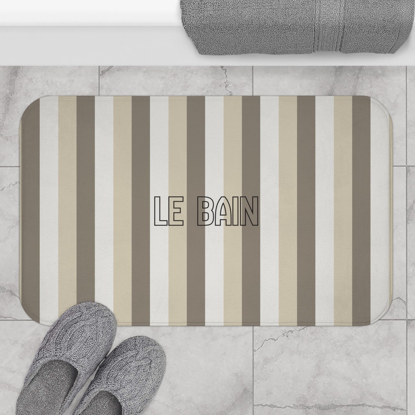 Le Bain Striped Bath Mat — Neutral Beige & Taupe Modern Bathroom Rug