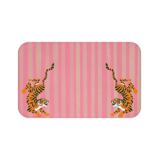 Fiercely Feminine Bath Mat - Pink Striped  Rug with Tigers
