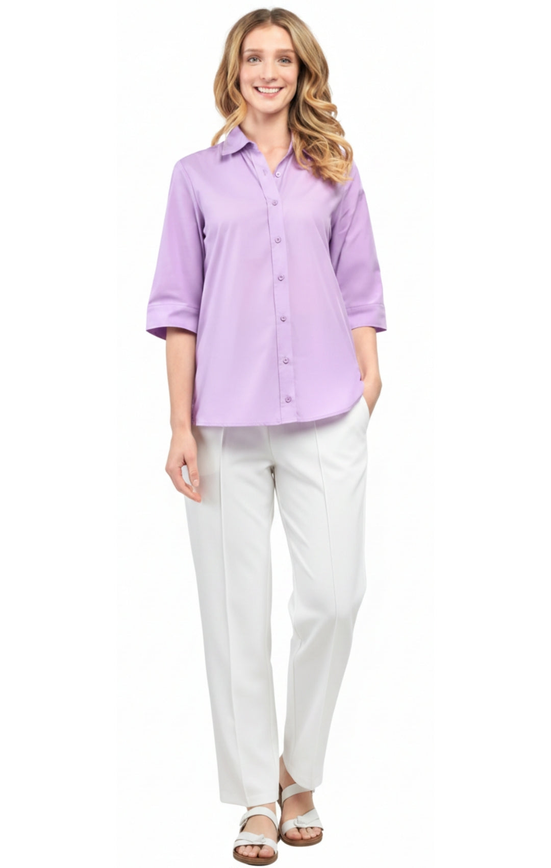 Womens Regular Fit 3/4 Sleeve Button Down Collared Camp Shirt