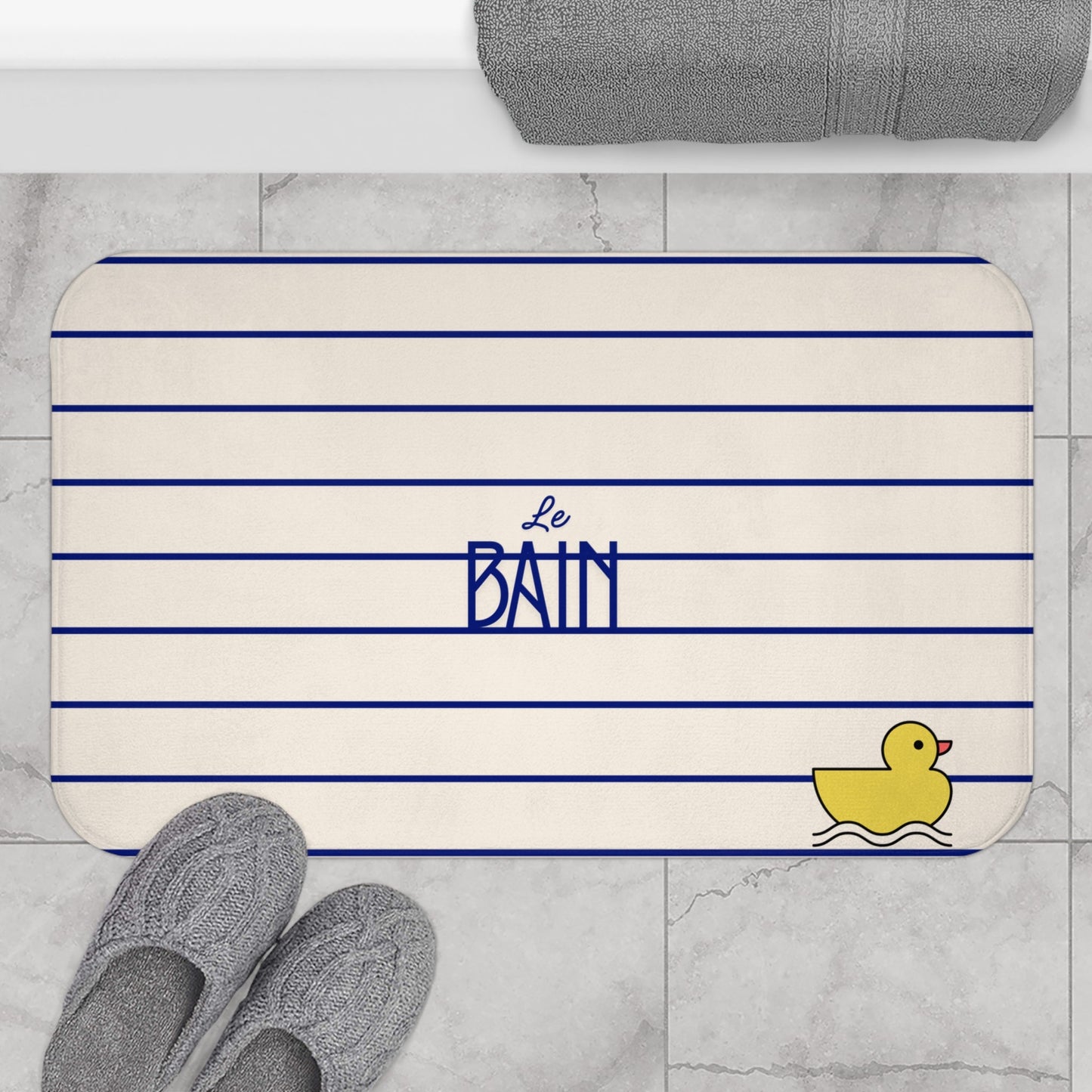 Rubber Duck Bath Mat – Cute 'Le Bain' Striped Bathroom Rug for Kids & Nursery