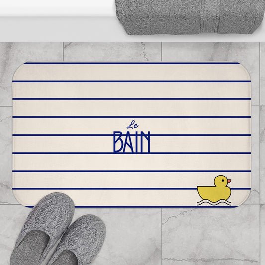 Rubber Duck Bath Mat – Cute 'Le Bain' Striped Bathroom Rug for Kids & Nursery