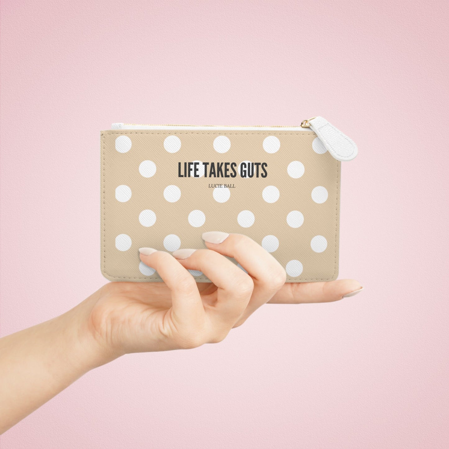 Mini Clutch Bag — Beige Polka Dot "Life Takes Guts"  Vegan Wallet