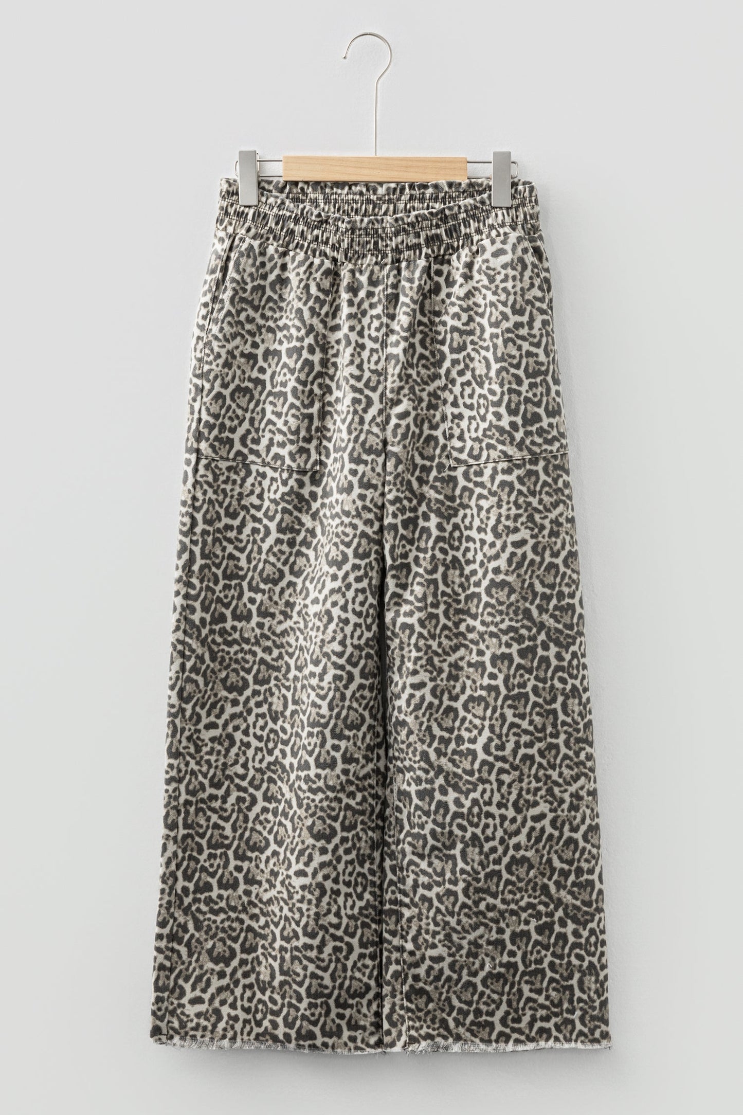 Brown Leopard Print Raw Hem Elastic Waist Loose Pull On Jeans