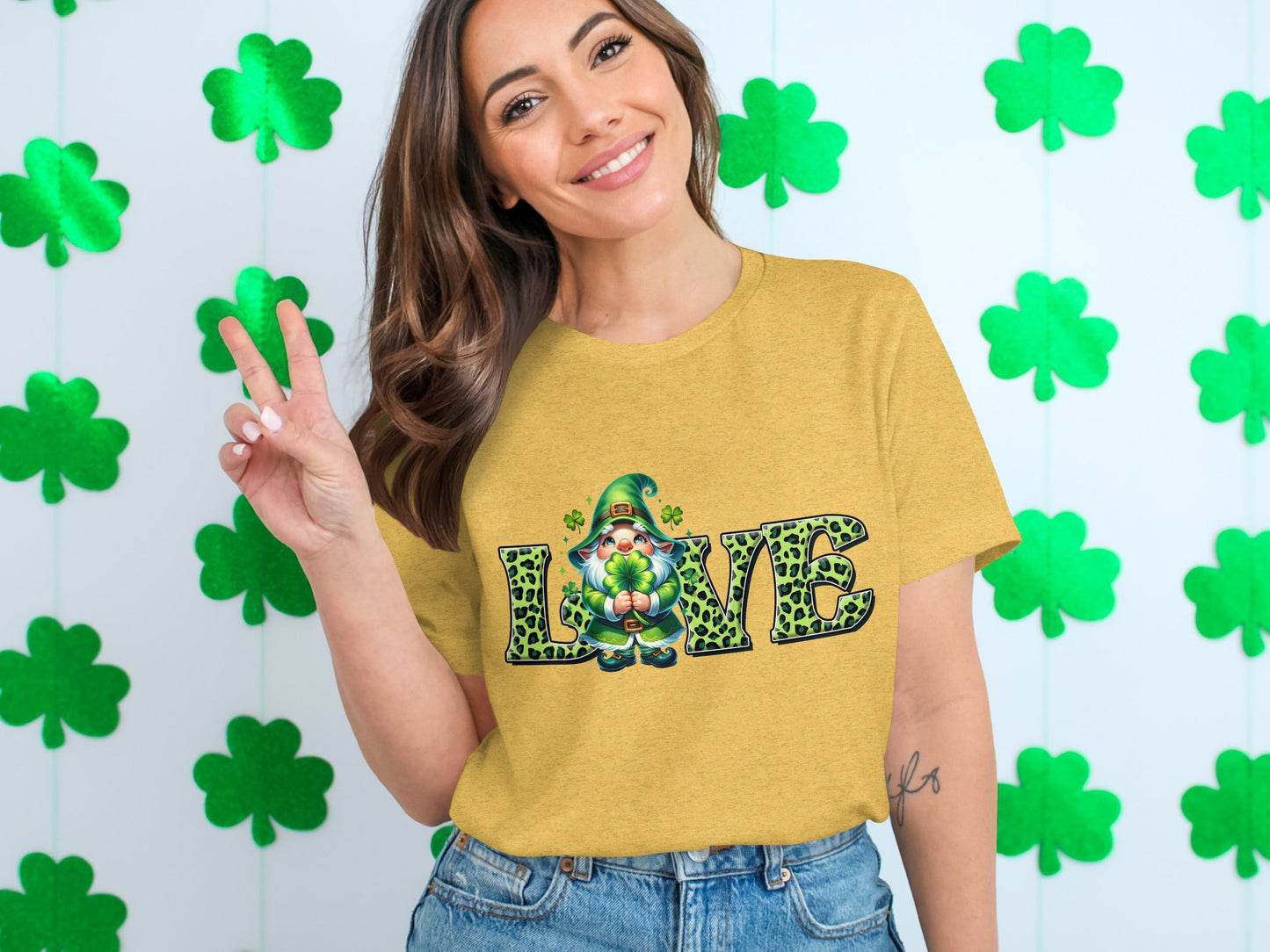 St Patricks Day Gnome T-Shirts, Four Leaf Clover Shirt, Love T Shirt, St Paddys Day Tee, Leopard Print Letters, Cute Irish T Shirts