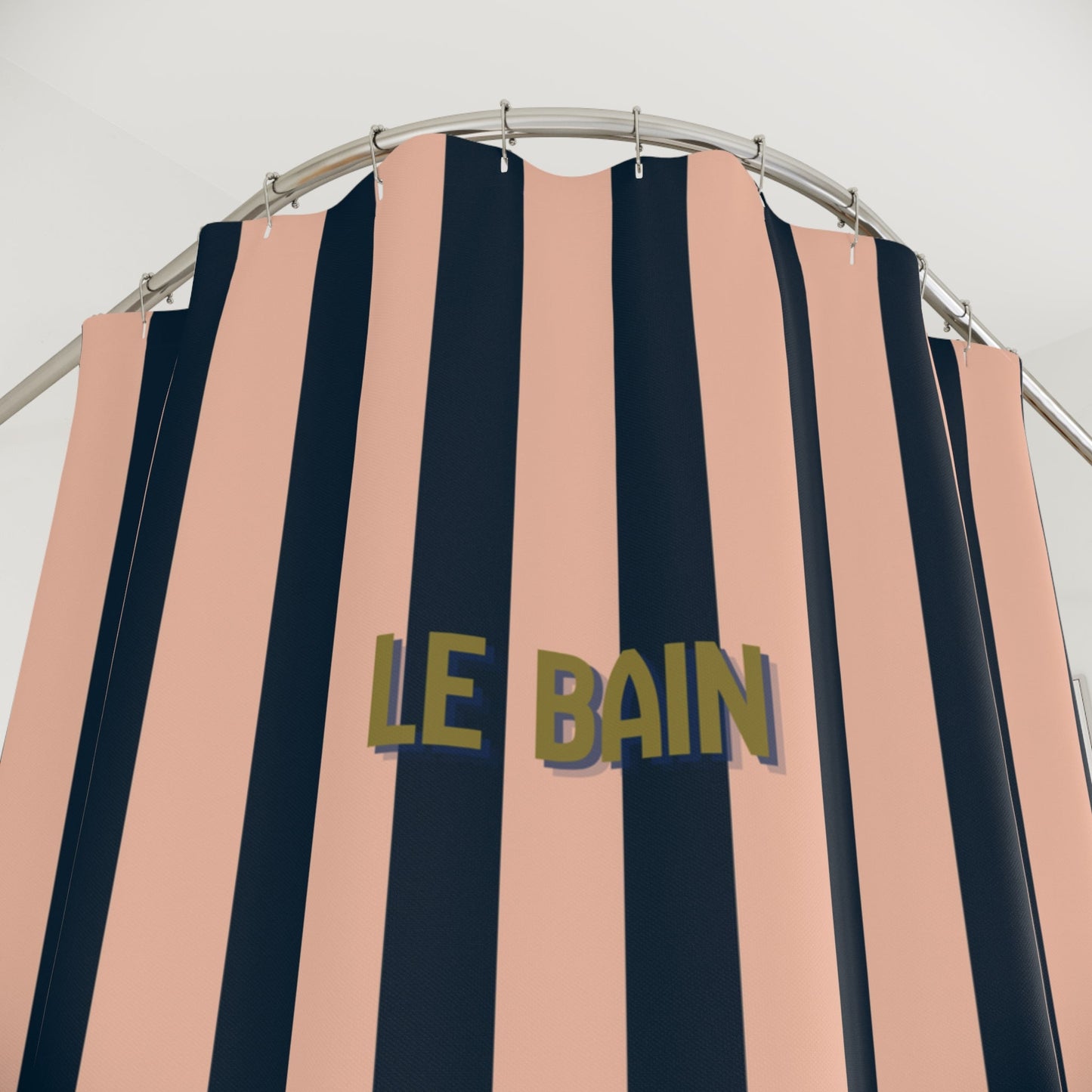 Le Bain Striped Shower Curtain - Salmon Pink & Navy Bathroom Decor