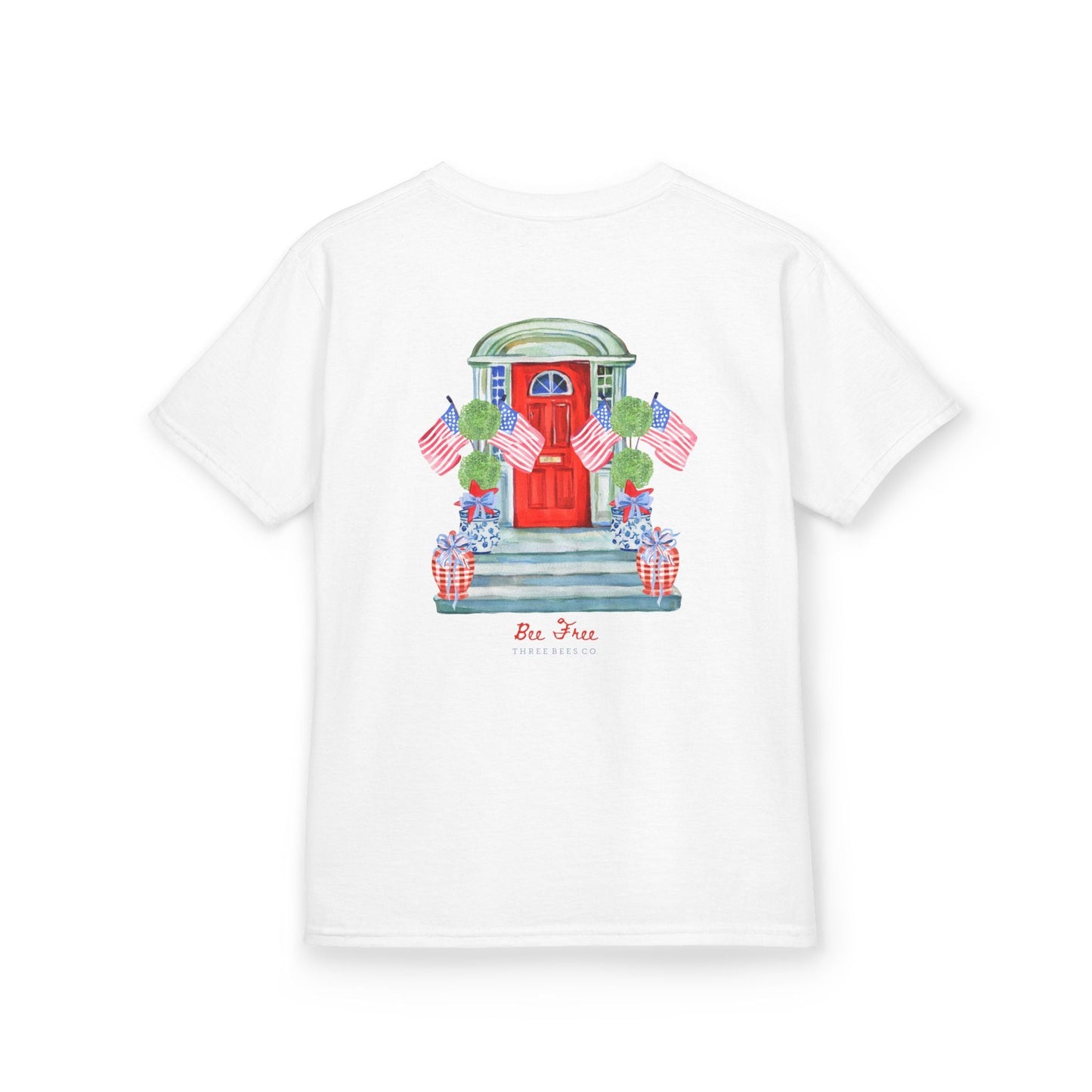 Bee Free Patriotic American Flag Front Porch Girls Short Sleeve Youth Hive Tee