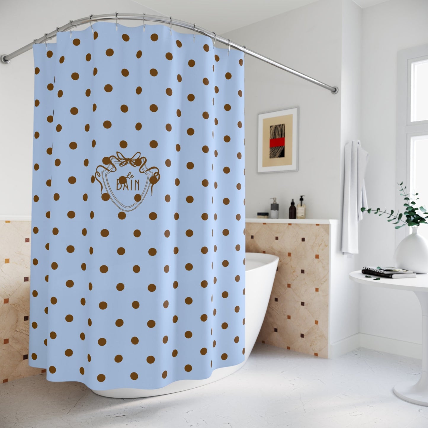 Polka Dot 'Le Bain' Shower Curtain – Pastel Blue & Brown Bathroom Decor