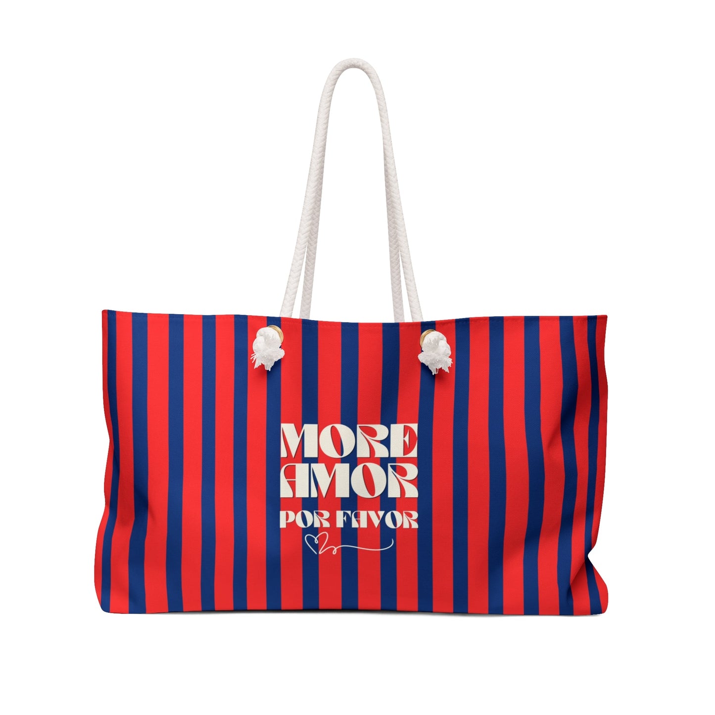 Striped Weekender Bag — "More Amor Por Favor" Red & Navy Beach Tote