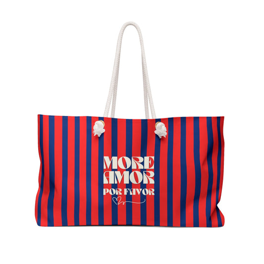 Striped Weekender Bag — "More Amor Por Favor" Red & Navy Beach Tote