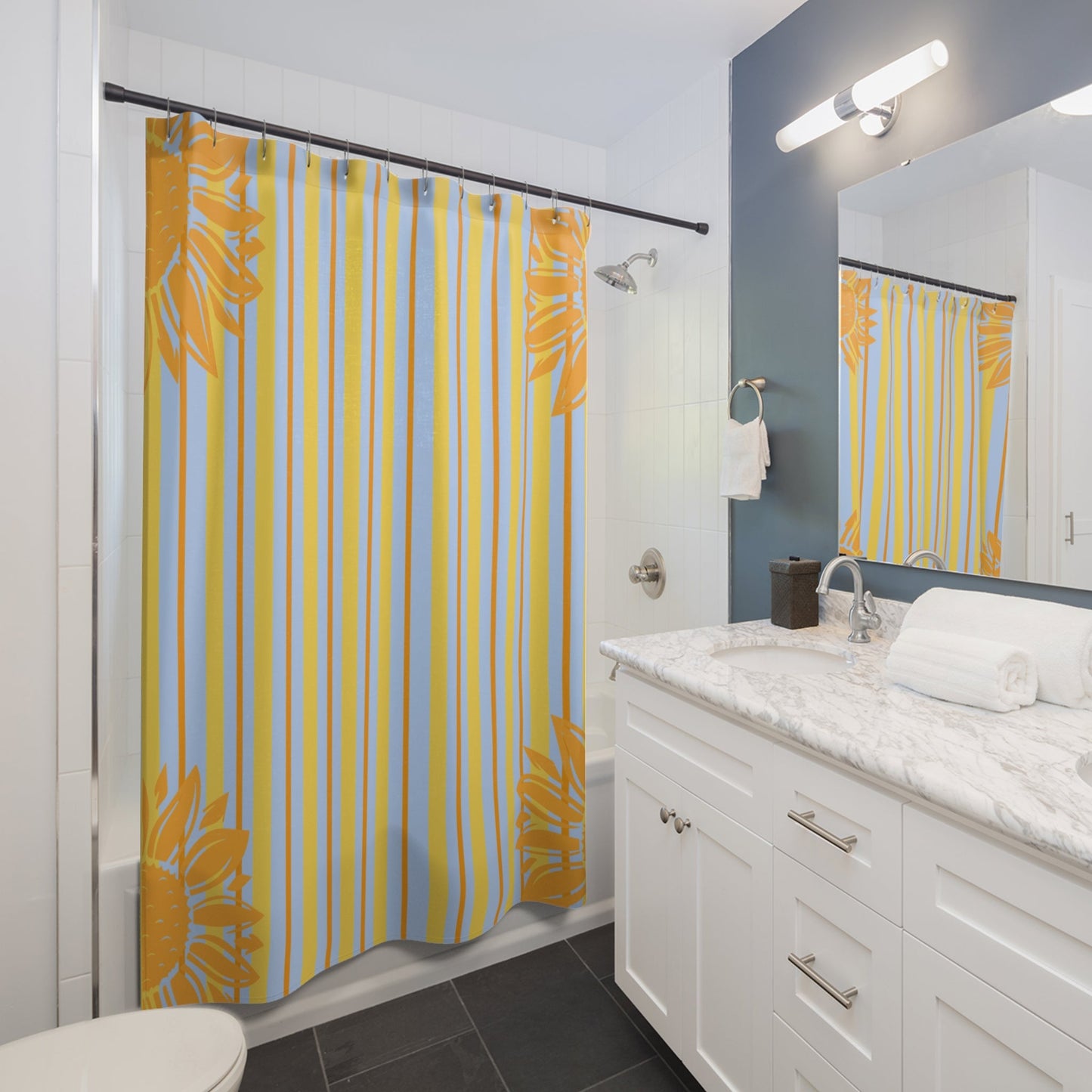 Preppy Sunflower Stripe Shower Curtain — Cute Kid's Bathroom Decor