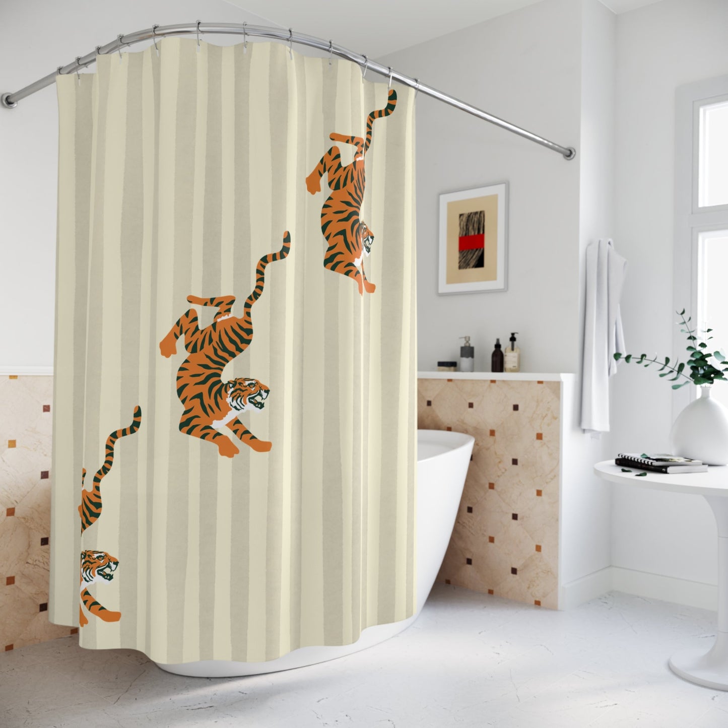 Beige Striped Tiger  Shower Curtain — Fiercely Feminine Bathroom Decor