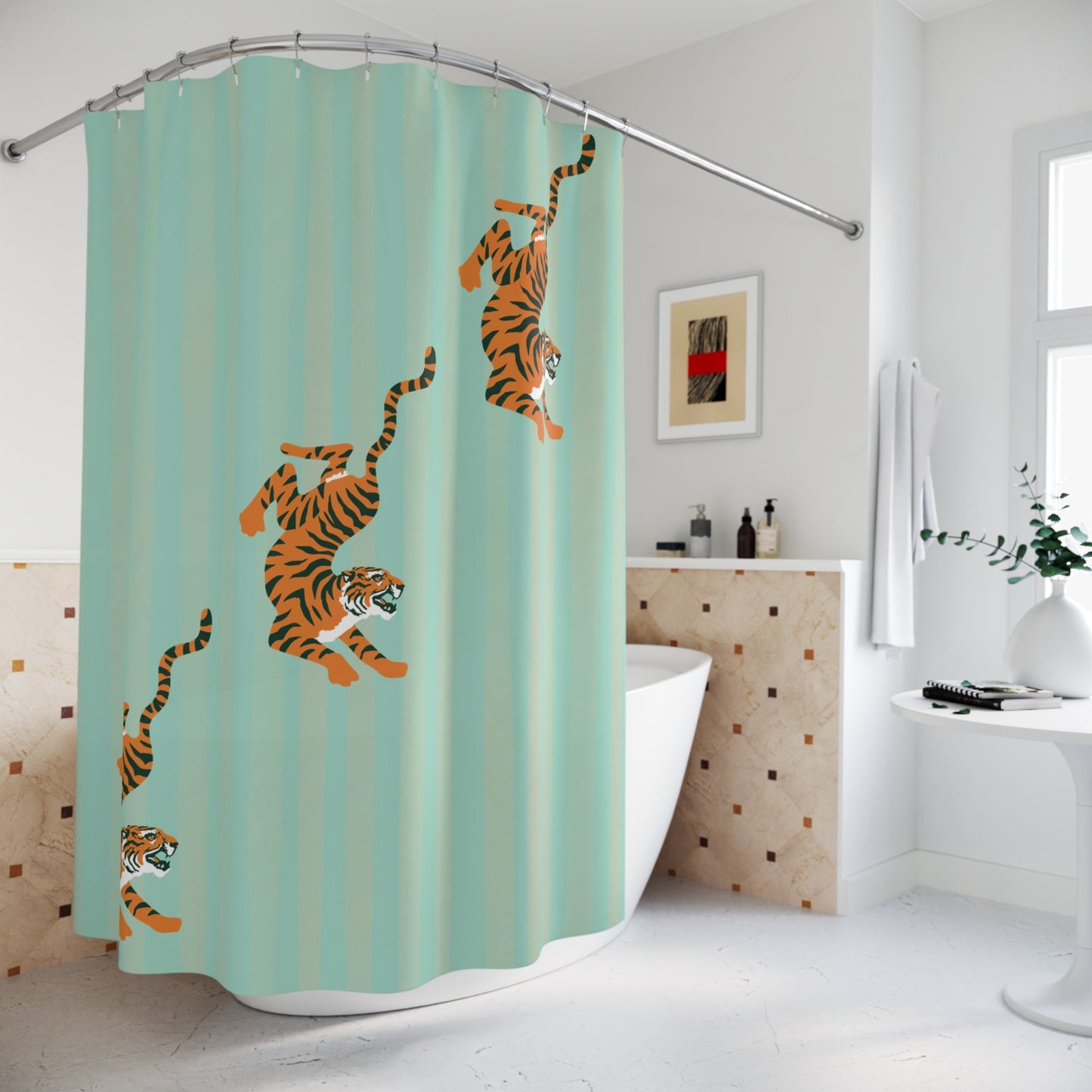 Pastel Turquoise Striped Tiger Shower Curtain — Fiercely Feminine Bathroom Decor