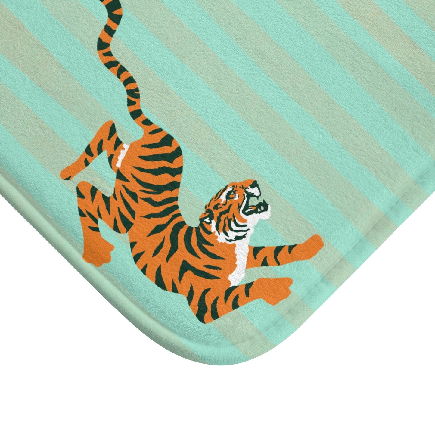 Fiercely Feminine Bath Mat - Pastel Turquoise Striped  Rug with Tigers