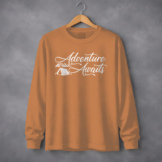 Adventure Awaits Featuring Tent and Mountains Long Sleeve T-Shirt